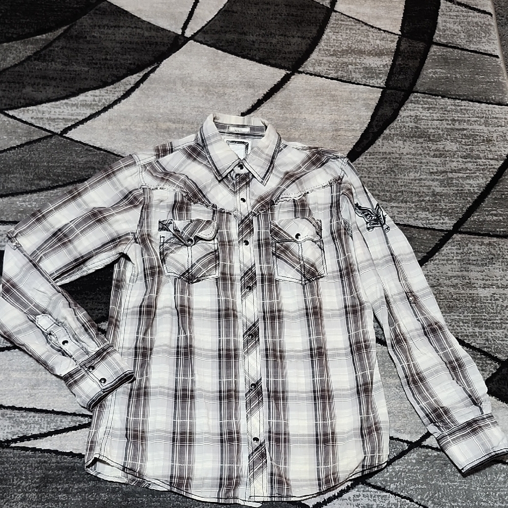 BKE SLIM-FIT PLAID EMBROIDERED SNAP-BUTTON SLOT POCKETS LONG-SLEEVED SHIRT